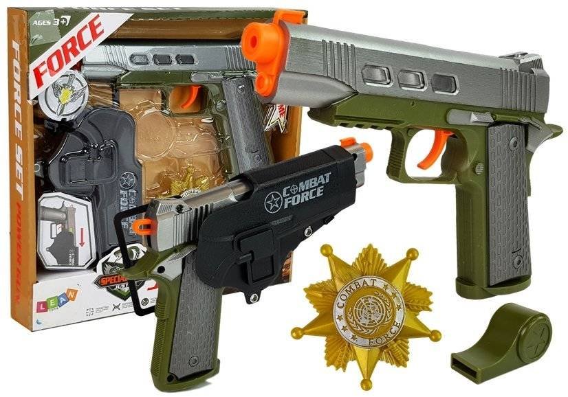 Фото - Клейовий пістолет Zestaw Policyjny Pistolet 20cm Odznaka Gwizdek Kabura Efekty Świetlne Dźwi