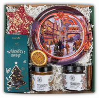 Zestaw prezentowy kosz pudełko ciastka, świąteczny prezent herbata na święta