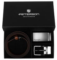 Zestaw prezentowy męski dwustronny pasek skórzany z dwiema klamrami rozmiar 95 Peterson, czarny brązowy