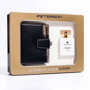 Zestaw prezentowy: skórzany portfel damski na zatrzask i woda perfumowana velvet - Peterson