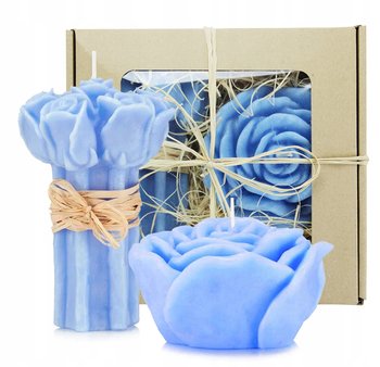 Zestaw prezentowy upominek dwie świece bukiet róż i płatek róży niebieskie - DROBO