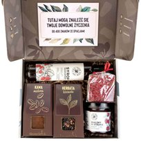 Zestaw prezentowy z herbatą, kawa czekolada syrop i maliny w syropie box