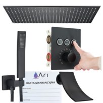 Zestaw Prysznicowy Czarny Matowy z Deszczownicą Termostatem Wodospadem Podtynkowy Prysznic Ścienny Natryskowy Do Łazienki Ze Słuchawką Wężem Uchwytem Panelem BOX Komplet Łazienkowy Black