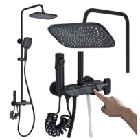 Zestaw Prysznicowy Natynkowy Naścienny z Deszczownicą Słuchawka Bidetka Termostat Panel Sterujący PIANO - CZARNY MAT