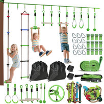 Zestaw przeszkód Ninja Warrior AIYAPLAY 10 m dla dzieci z liną slackline, kółkami gimnastycznymi, kółkiem obrotowym, huśtawką, drążkami do wspinaczki, wiszącą tacą, drabinką wspinaczkową