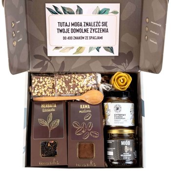 Zestaw pudełko kosz prezentowy z herbatą i kawą cytryny miód z życzeniami - Green Touch