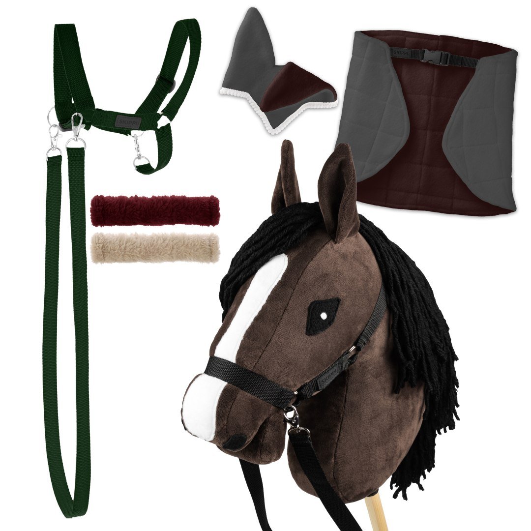 SKIPPI Hobby Horse Bruine Cheque, steekpaard A5, holster en teugels in