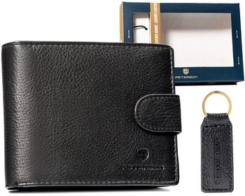 Zestaw skórzany czarny portfel męski z brelokiem - Peterson - Peterson