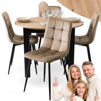 Zestaw Stół Rozkładany Okrągły Kuchenny Krzesło Komplet Tapicerowane Beż 4x