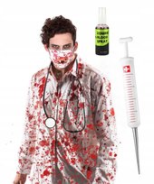 ZESTAW STRÓJ LEKARZ ZOMBIE MASKA Z ZĘBAMI STRZYKAWKA SZTUCZNA KREW W SPRAYU
