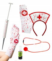 ZESTAW STRÓJ PIELĘGNIARKA ZOMBIE 6 EL. HALLOWEEN + SZTUCZNA KREW W SPRAYU