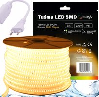 ZESTAW Taśma LED SMD 220V 230V 5m 3000K BIAŁA CIEPŁA ZASILACZ IP67 120/m