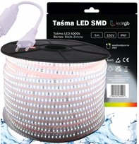 ZESTAW Taśma LED SMD 220V 230V 5m 6000K BIAŁA ZIMNA ZASILACZ IP67 120/m