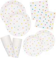 Zestaw urodzinowy talerze talerzyki serwetki kubki 100el. dla 25 os KROPKI