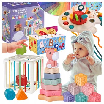 Zestaw zabawek sensorycznych 6w1 dla niemowląt Sorter Gryzak Chusteczki BOX - Peppyfun