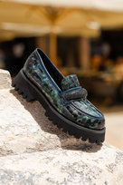 Zielone mokasyny skórzane damskie na bieżnikowanej platformie błyszcząca ozdoba krokodyli wzór Casu BC24X2-G-39