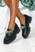 Zielone mokasyny skórzane damskie na platformie z ozdobą produkt polski casu 1691-o-no-40