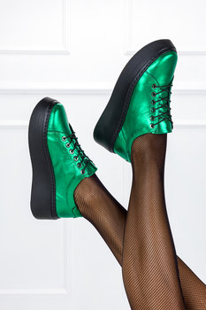 Zielone sneakersy skórzane damskie metaliczne buty sportowe sznurowane na platformie PRODUKT POLSKI Casu 2290-37 - Casu
