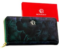 Zielony portfel damski w kwiaty ROVICKY duży typu piórnik na suwak elegancki Rovicky