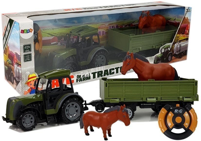 Фото - Машинка LEAN Toys Zielony Traktor z Niską Przyczepą Figurka Konia Zdalnie Sterowany 2.4G 