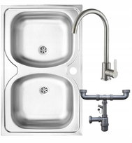 Zlewozmywak dwukomorowy stalowy 80x50 + otwór na baterię + syfon + bateria Deante