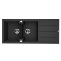 Zlewozmywak Granitowy Dwukomorowy Canaria Syfon 50X116Cm Czarny Laveo Spc_721T KUCHINOX