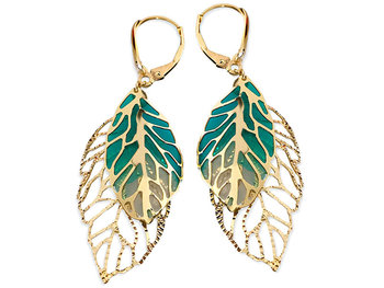 Złote kolczyki 585 eleganckie wiszące podwójne ażurowe zielone liście skrzydła - Lovrin