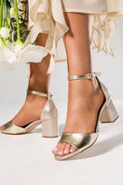 Złote sandały damskie na szerokim słupku z zakrytą piętą pasek wokół kostki skórzana wkładka Casu ER24X11-G-NO-37