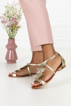 Złote sandały skórzane damskie błyszczące płaskie t-bar PRODUKT POLSKI Casu 3120-37 - Casu