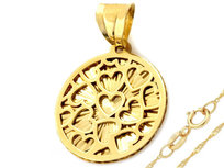 Złoty komplet biżuterii 585 diamentowane kółeczko w serduszka na łańcuszku singapur