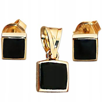 Złoty Komplet Biżuterii 585 Kwadraciki Z Czarną Emalią - Lovrin