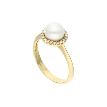 Złoty pierścionek z białą perłą i cyrkoniami 585 14k - Rosanto