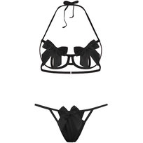 Zmysłowy Komplet Bielizna Damska Biustonosz Kokardki  Majtki Walentynki Czarny