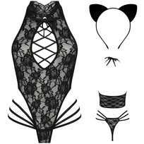 Zmysłowy Komplet Body Koronka Strój Bielizna Damska Walentynki Czarny