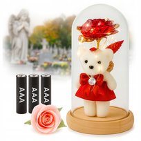 ZNICZ LED RÓŻA Z MISIEM W SZKLE ŚWIECI JAK ZNICZ SOLARNY DLA CÓRKI, WNUCZKI