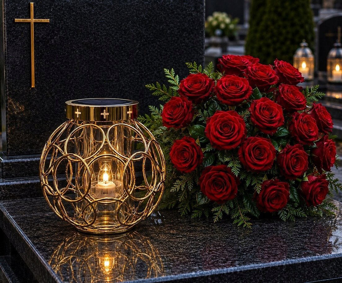 ZNICZ solarny kula metalowy ZŁOTY h 23 cm lampion solarny fotowoltaiczny