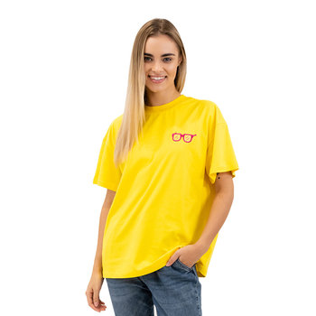 Żółta Koszulka Oversized z Modnym Motywem Okularów, Stylowa i Wygodna, S - nerd hunters