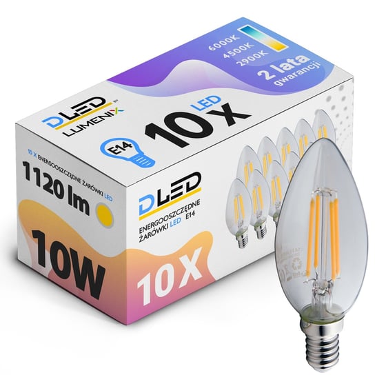 10x Żarówka E14 LED FILAMENT Edison OZDOBNA Świeczka 1120lm 10W CIEPŁA Lumenix DLED