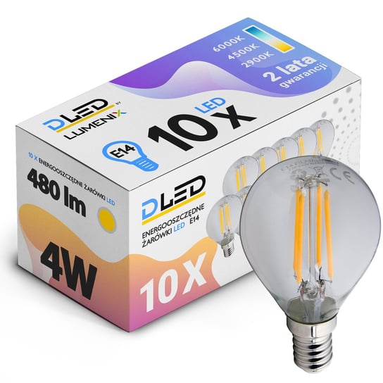 10x Żarówka LED E14 480lm 4W FILAMENT kula CIEPŁA Lumenix DLED