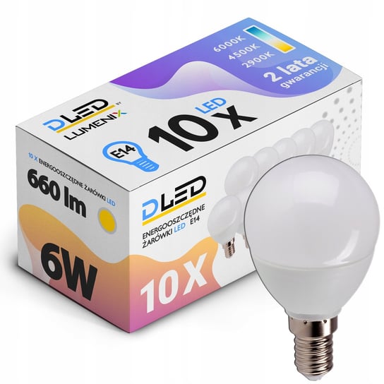 10x Żarówka LED E14 Kulka 6W 4500K BIAŁA NEUTRALNA 660lm Wydajna PREMIUM CCD Lumenix DLED