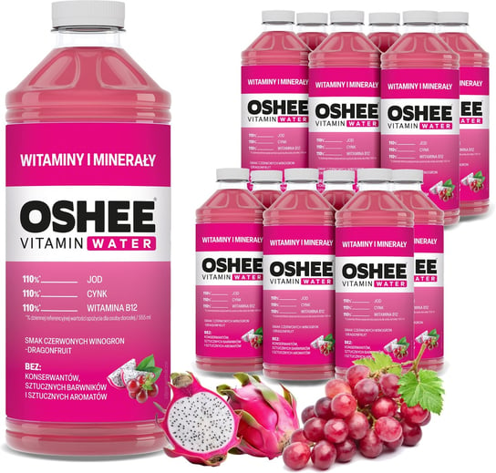 12x OSHEE Vitamin Water witaminy i minerały winogrona - dragonfruit 1100 ml Oshee