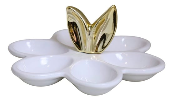 16630 talerz ceramiczny na jajka biały ze złotymi uszami 14x14x11cm Ewax