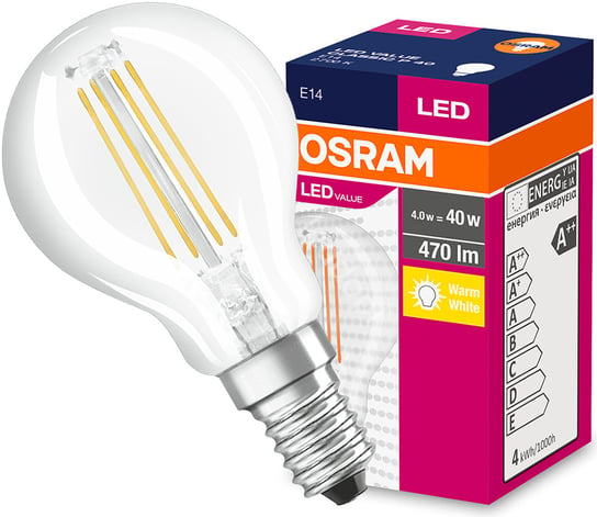 Żarówka Led E14 P45 4w 40w 470lm 2700k Ciepła 320° Filament Osram