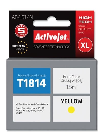 1x Tusz ActiveJet Do Epson T1814 T01814 15ml Yellow Activejet