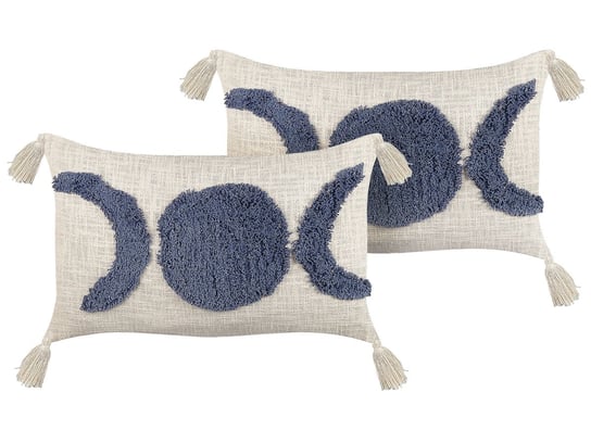 2 bawełniane poduszki dekoracyjne tuftowane z frędzlami 35 x 55 cm beżowo-niebieskie LUPINUS Beliani