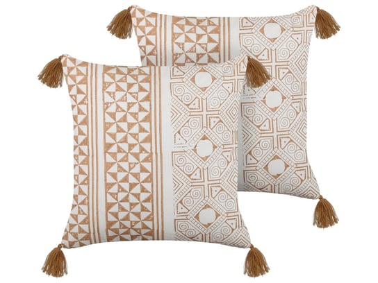 2 bawełniane poduszki dekoracyjne w geometryczny wzór z frędzlami 45 x 45 cm jasny brąz z białym MALUS Beliani