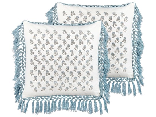 2 bawełniane poduszki dekoracyjne w kwiaty z frędzlami 45 x 45 cm biało-niebieskie PALLIDA Beliani
