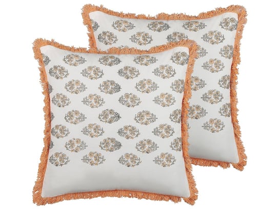 2 bawełniane poduszki dekoracyjne w kwiaty z frędzlami 45 x 45 cm biało-pomarańczowe SATIVUS Beliani