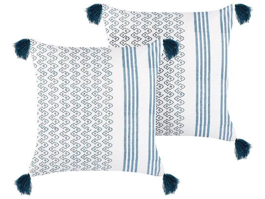 2 bawełniane poduszki geometryczny wzór z frędzlami 45 x 45 cm biało-niebieska TILIA Beliani