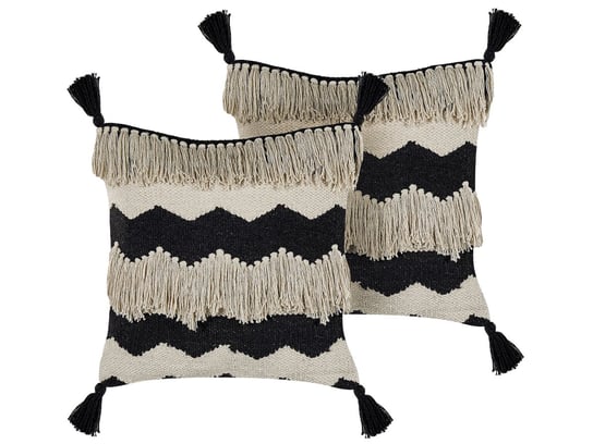 2 bawełniane poduszki w geometryczny wzór z frędzlami 45 x 45 cm beżowo-czarne HYDRANGEA Beliani